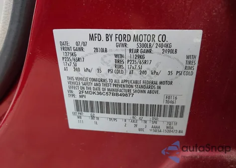 2007 Ford Edge Se from USA, damaged, VIN 2FMDK36C57BB49877